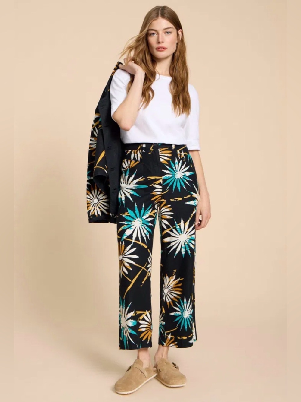 White Stuff Floral Linen Blend Wide Leg Crop Pants UK 14 US 10